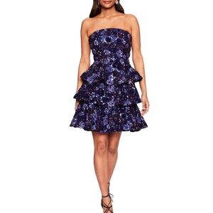 New, Marchesa Notte Sequin Bouquets Indigo Strapless Tiered Mini Dress, Size 8